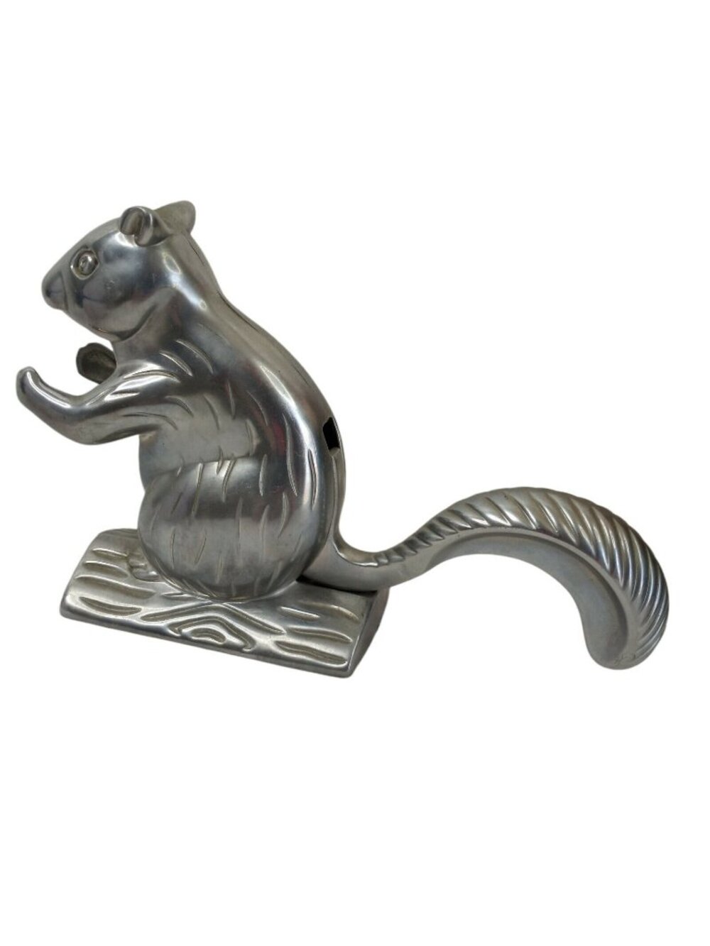 Vintage Squirrel Nut Cracker Mechanical On Tree Log Cast Aluminum Animal